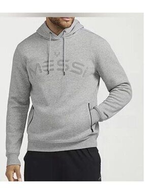 Messi Men's L Gray Pullover Hoodie Graphic Print Long Sleeve Logo Pocket Hooded